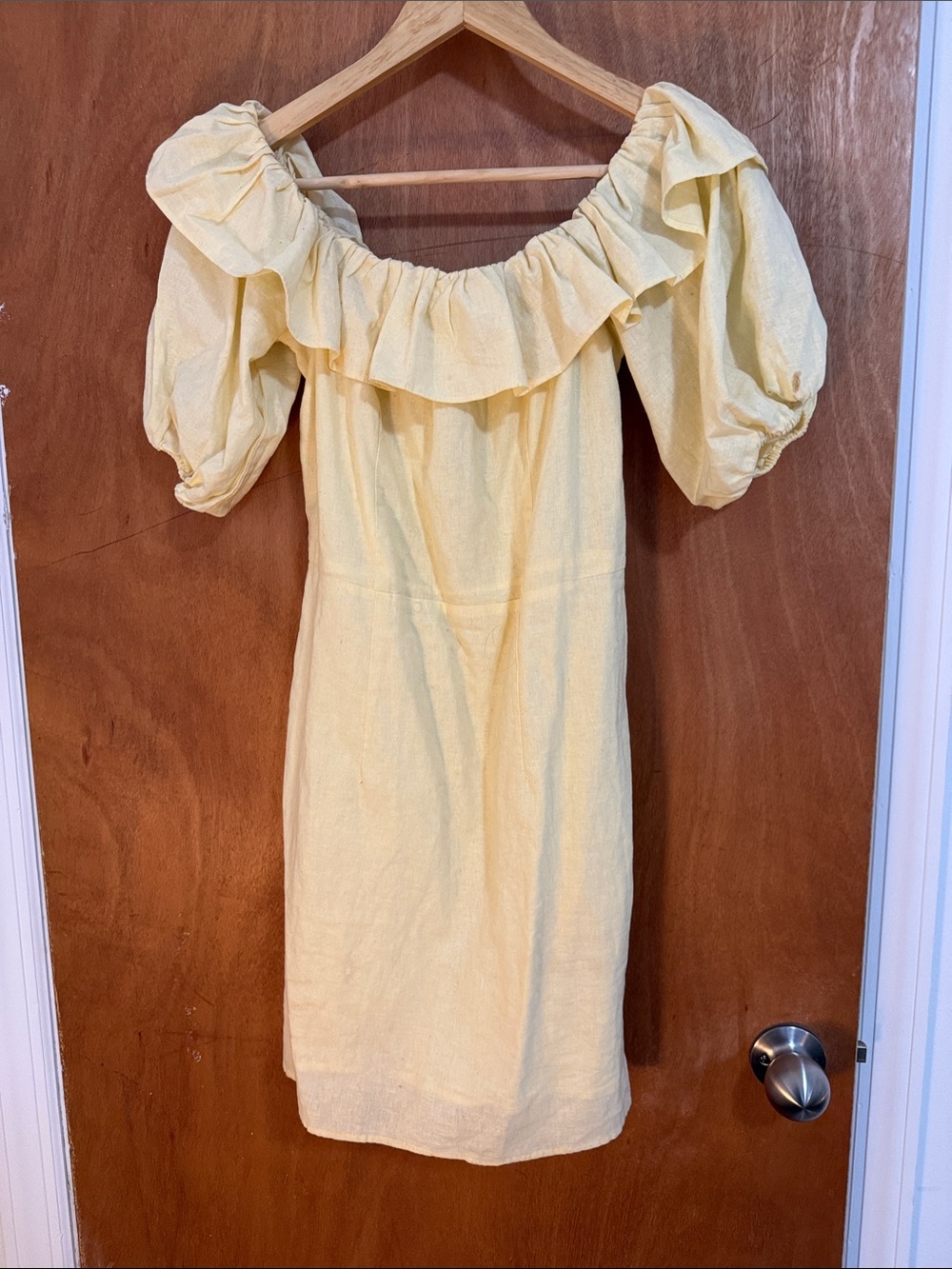 Linen Butter Yellow Off-Shoulder Ruffle Puff-Sleeve Dress